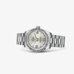 Rolex Datejust 31 White Gold Fluted President Silver Diamonds & Sapphires (178279-0080)
