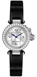 Cartier Miss Pasha Silver Dial White Gold Black Satin Ladies Watch WJ124027