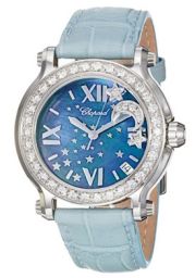 Chopard Happy Sport Blue MOP Dial Blue Leather Floating Diamond Moon Ladies Watch 278475-2001