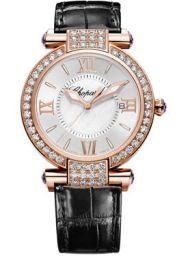 Chopard Imperiale Diamond Mother of Pearl Dial 18 kt Rose Gold Black Leather Ladies Watch 384221-5002