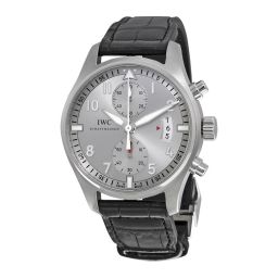 IWC Pilot Spitfire Silver Dial Chronograph Black Alligator Leather Men's Watch IW387809