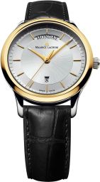 Maurice Lacroix Les Classiques Silver Dial Black Leather Strap Gold Plated Stainless Steel Ladies Quartz Watch LC1227-PVY11-130