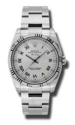 Rolex Airking Silver Roman Dial Fluted 18k Whote Gold Bezel Oyster Bracelet Men's Watch 114234SRO