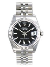 Rolex Datejust Black Index Dial Jubilee Bracelet 18k White Gold Fluted Bezel Unisex Watch 178274BKSJ