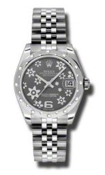Rolex Datejust Floral Rhodium Dial White Gold Diamond Bezel Ladies Watch 178344RFJ