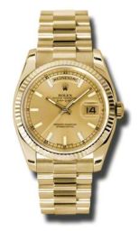 Rolex Day Date Champagne Index Dial Fluted Bezel 18k Yellow Gold Watch 118238CS