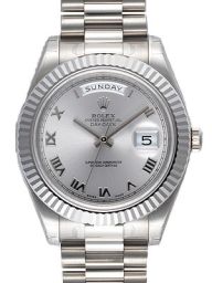 Rolex Day Date II Silver Dial Fluted Bezel President Bracelet 18k White