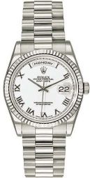 Rolex Day Date White Roman Dial Fluted Bezel President Bracelet 18k White Gold Men's Watch 118239WR