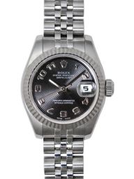 Rolex Lady Datejust Black Concentric Arabic Dial 18k White Gold Fluted Bezel Steel Jubilee Ladies Watch 179174BKCAJ