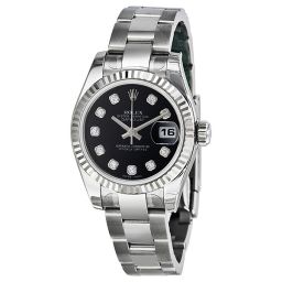 Rolex Datejust Black Diamond Dial Oyster Bracelet 18kt White Gold Bezel Ladies Watch 179174BKDO