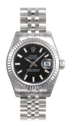 Rolex Datejust Black Index Dial Jubilee Bracelet 18k White Gold Fluted Bezel Ladies Watch 179174BKSJ