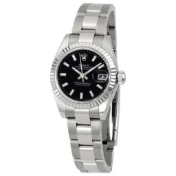 Rolex Datejust Black Index Dial Oyster Bracelet 18k White Gold Fluted Bezel Ladies Watch 179174BKSO