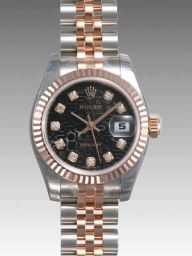 Rolex Datejust Black Jubilee Diamond Dial 18k Rose Gold Fluted Bezel Two Tone Ladies Watch 179171BKDJ