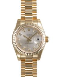Rolex Lady Datejust Silver Diamond Dial 18k Yellow Gold Case and Bezel President Bracelet Watch 179178SDP