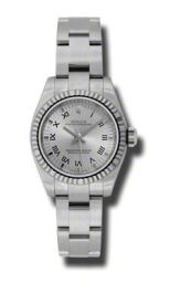 Rolex No Date Rhodium Roman Dial 18k White Gold Fluted Bezel Stainless Steel Oyster Bracelet Ladies Watch 176324RRO