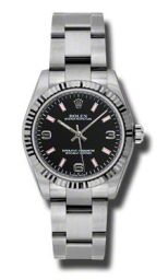 Rolex No Date Black Arabic and Pink Stick Dial 18k White Gold Fluted Bezel Oyster Bracelet Watch 177234BKAPSO