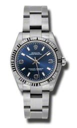 Rolex No Date Blue Arabic and Stick Dial 18k White Gold Fluted Bezel Oyster Bracelet Watch 177234BLASO