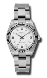 Rolex No Date White Arabic and Stick Dial 18k White Gold Fluted Bezel Oyster Bracelet Watch 177234WASO