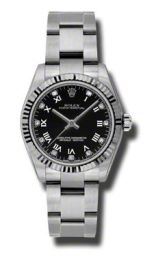 Rolex Oyster Perpetual Black Diamond Dial 18kt Fluted White Gold Bezel 31 MM Unisex Watch 177234BKDO