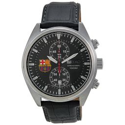 Seiko Barcelona Football Club Chronograph Black Dial Black Leather Men's Watch SNN269