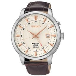 Seiko Kinetic GMT Tan Dial Brown Leather Men's Watch SUN035
