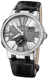 Ulysse Nardin Executive Dual Time Silver Dial Diamond Bezel Black Leather Men's Watch 243-00B-421