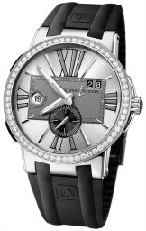 Ulysse Nardin Executive Dual Time Silver Dial Diamond Bezel Black Rubber Men's Watch 243-00B-3-421