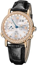 Ulysse Nardin GMT Perpetual Silver Dial Diamond Bezel 18kt Rose Gold Black Leather Men's Watch 326-28